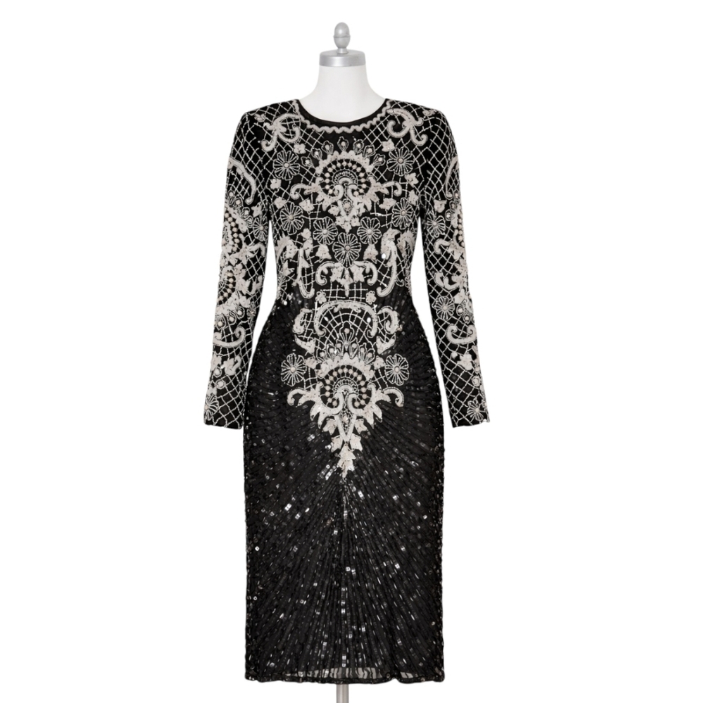 Vintage 1980s Art Deco Lillie Rubin Black & White Silk Bead Sequin Long Dress